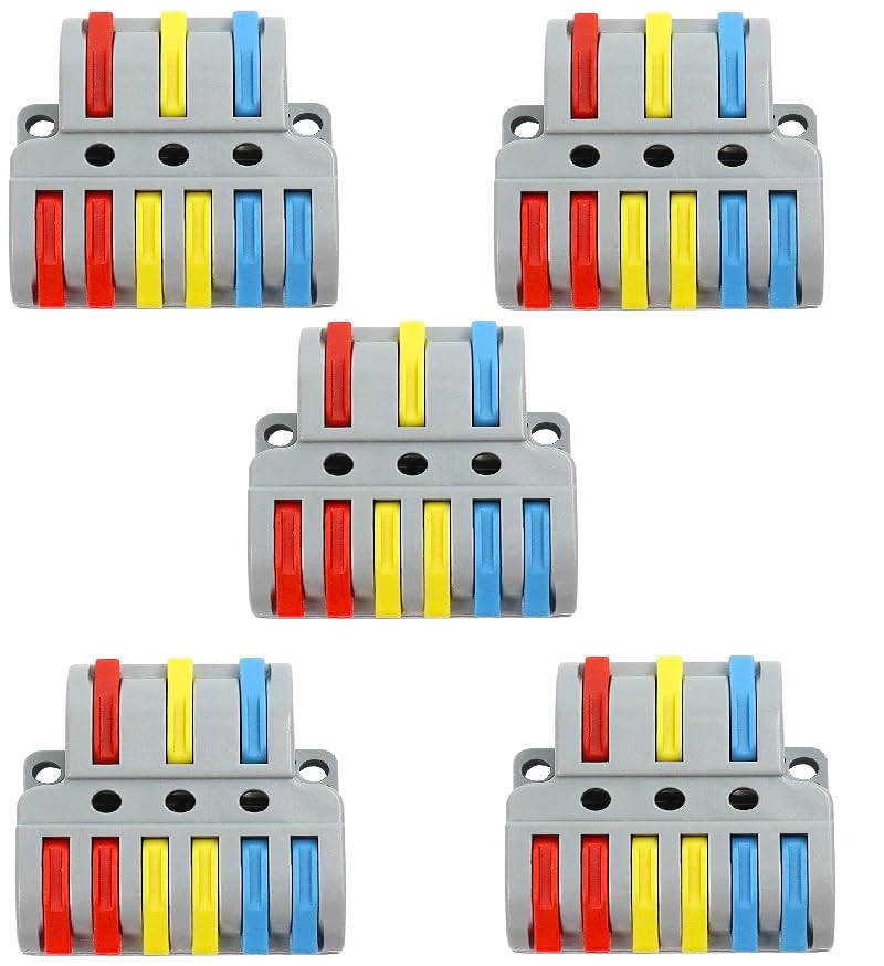 Image of ZIVIK 3 in 6 Out Electrical Wire Connector,5 Pcs Splicing Wire Terminal Block, Three Head 6 Way 250V Nylon Copper Block Terminal Wire Jointer Cable Conductor Clamp, Push-in Connectors