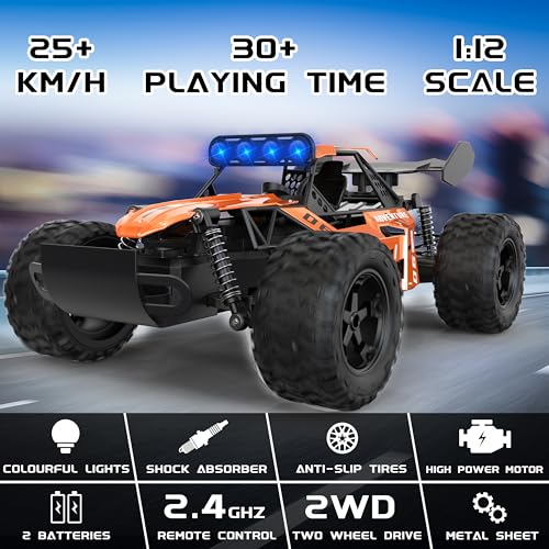1:12 Scale RC Car for Boys Ages 3+, Fast Remote Control Monster Truck 2WD 25km/h Off-Road Toy, Alloy Shell, LED Lights, Great Gift for Kids & Beginners, 30 Minutes Play Time