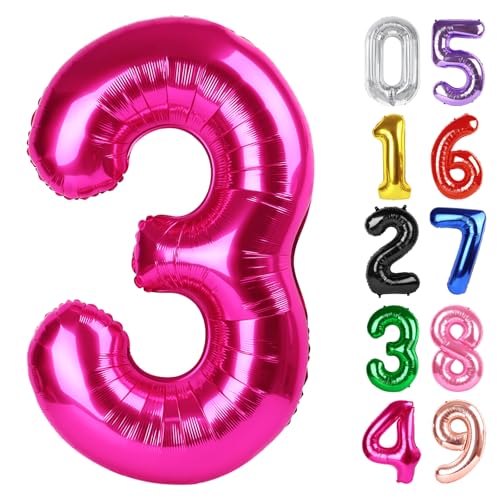 Image of Hot Pink Number 3 Balloon 40 Inch, 3rd Birthday Celebration Supplies Women Men, 3 Balloon for Theme Party
