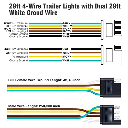 Doauto 29Ft 4 Way 4-Pin Flat Trailer Wiring Harness Extension Kit With Dual White Ground Wire, 25' Male & 4' Female Wishbone 18 Gauge Connector With Full Terminal Sae J1128 With 29Ft White Ground Wire #TOP3