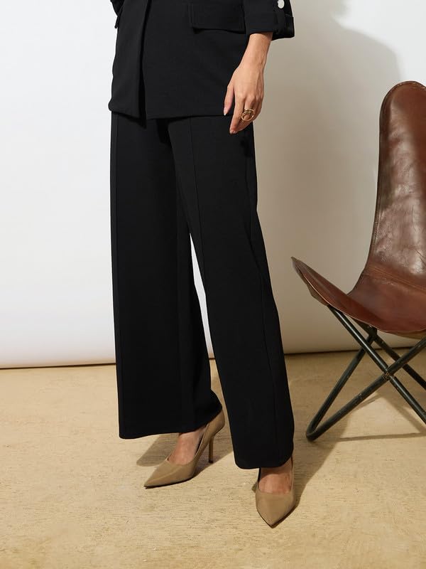 Image of Black Front Dart Textured Palazzo Pants