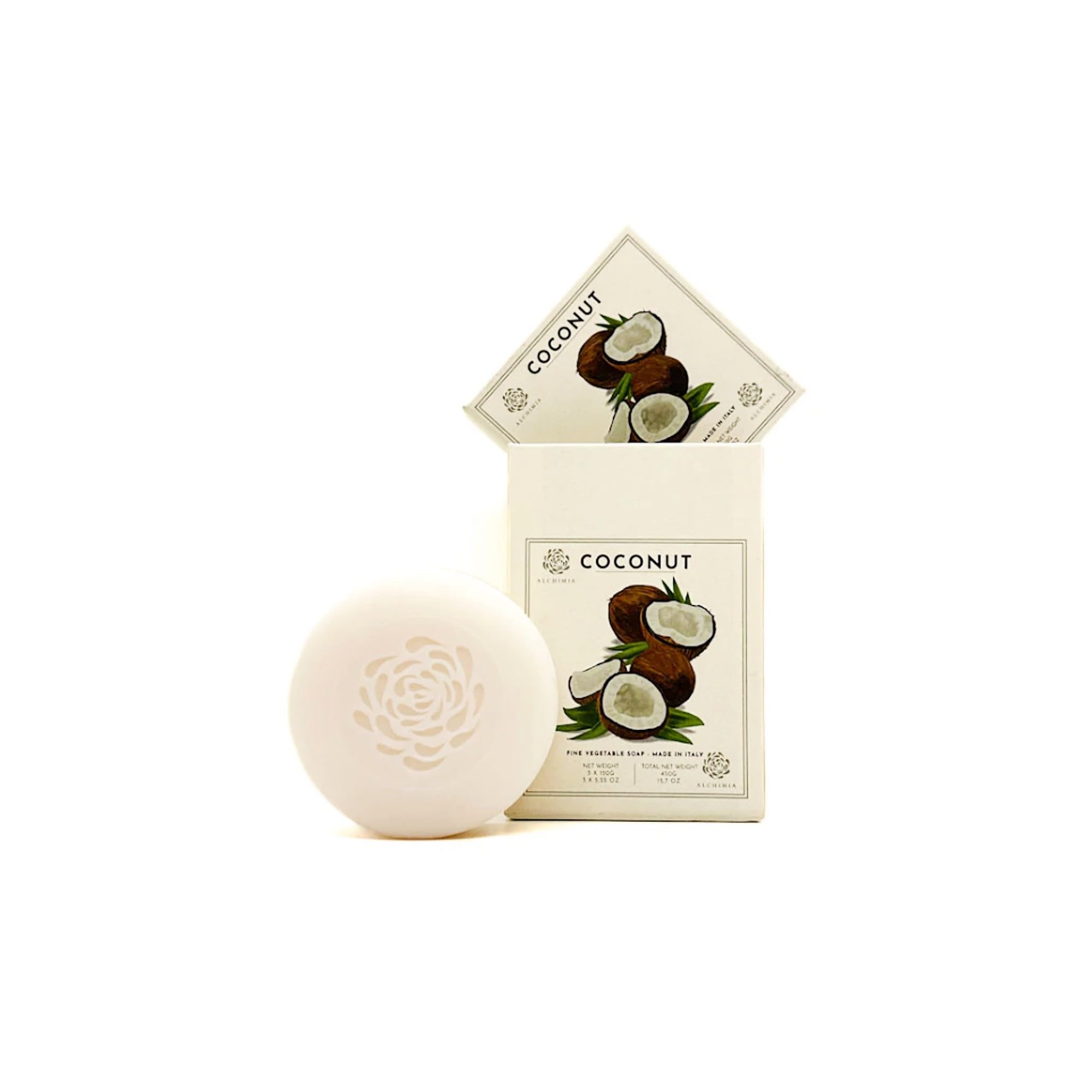 AlchimiaGift Box Set of 3 x 5.25 Oz Luxury Vegetable Soap Bar, Made In Italy (Coconut)