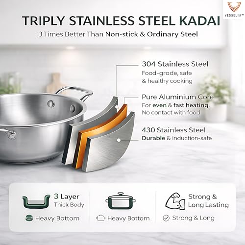 Image of Triply Stainless Steel Kadai with Lid 24 cm (2.5L) | Heavy Bottom | Induction & Gas Compatible | Mirror Finish | Ideal for Cooking & Frying