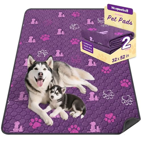 Image of WanpeeGoo Washable Pee Pads for Dogs, Waterproof, 32 x 52 in, 2 Pack, Purp | Super Absorbent, Waterproof and Non-Slip; Washable, Reusable Dog Pads for Crates, Playpens, Floors, Furniture and Travel