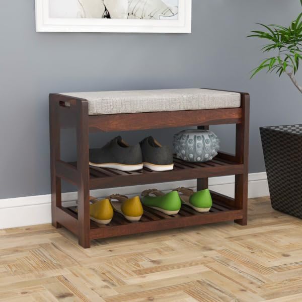 Solid Sheesham Wooden 2 Tier Shoe Rack for Entryway, Hallway & Bedroom, Sturdy Space-Saving Wooden Shoe Shelf Bench | Footwear Organisor with Cushioned Seat |-image-7