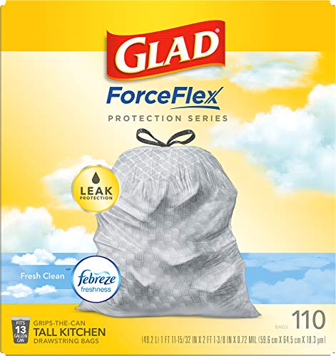 Glad ForceFlex Tall Kitchen Drawstring Trash Bags – 13 Gallon Trash Bag, Fresh Clean scent with Febreze Freshness – 110 Count (Package May Vary)