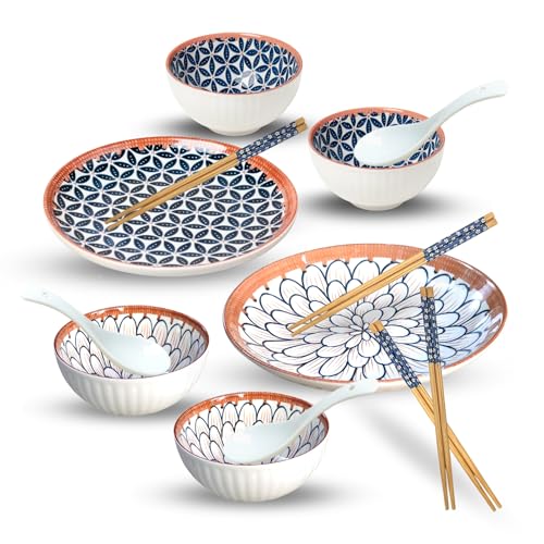 Image of YELONA Japanese Ramen Porcelain Dinner Set with 4 Soup Bowls | 4 Soup Spoons | 4 Chopsticks | 2 Plates | Microwave Safe for Lunch, Dinner, Festive Gifts (14 pcs)