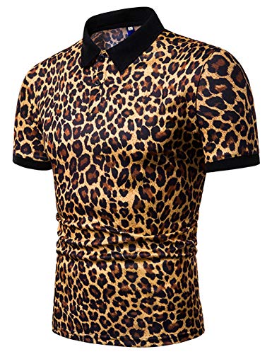 Mens Leopard Print Fashion Short Sleeve Large Size Casual Polo Shirt Tops Clothing Blouse
