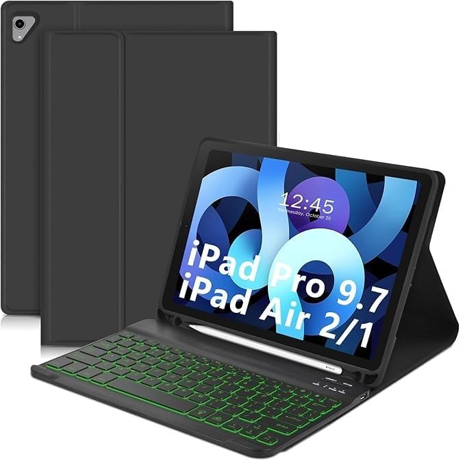 for iPad Air 2 Keyboard Case, for iPad 9.7″ 2017/2018 Keyboard Case with Apple Pencil Holder, Detachable Wireless 7-Colors Backlit Keyboard + PU Leather Cover for iPad Pro 9.7″, for iPad Air 1