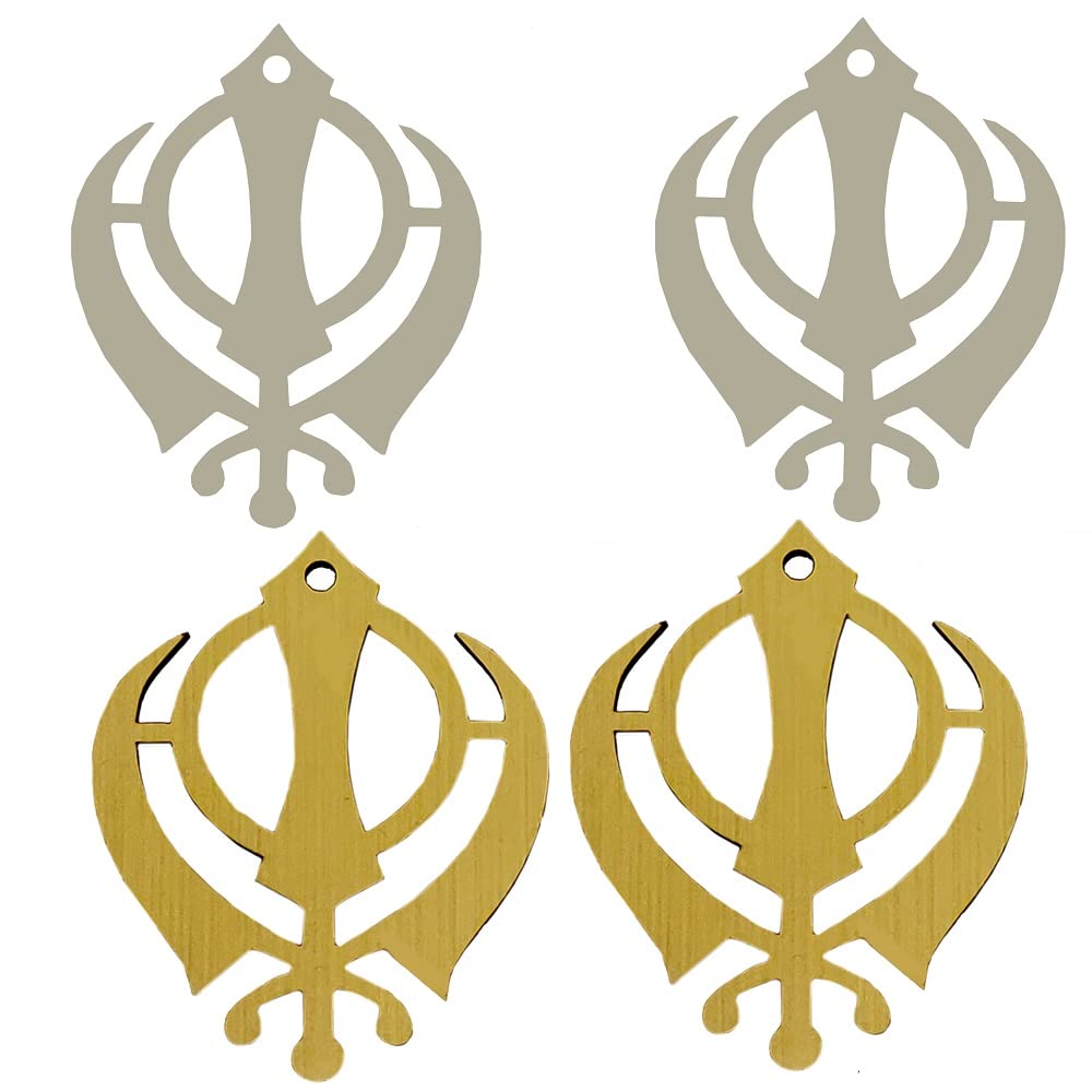 Divya MantraSikh Khanda for Car Home Wall Decor Temple Pooja Items Sacred Religious Decorative Showpiece Car Interior Mirror Hanging Accessories Good Luck Charm -Double Sided, Silver, Gold -Set of 4