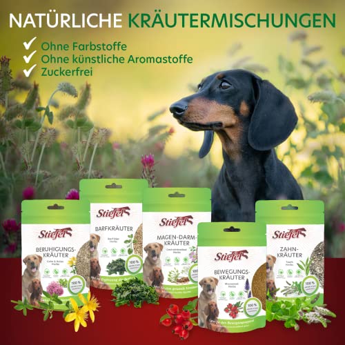 Stiefel Beruhigungskräuter für Hunde, 100% naturbelassene Kräutermischung, kann nervöse und gereizte Hunde unterstützen, mit Bierhefe, Hanf, Pfefferminz, Melisse, Johanniskraut & Baldrianwurzel, 100g