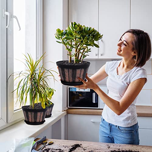 image for Quarut 8 inch Brown Plastic Whiskey Barrel Plant Pots Set of 4 with Dr