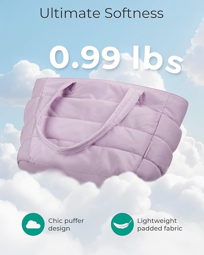 Levara Quilted Puffer Tote Bag for Women, Lightweight Shoulder Handbag with Zipper & Compartments for Work, Travel, Gym