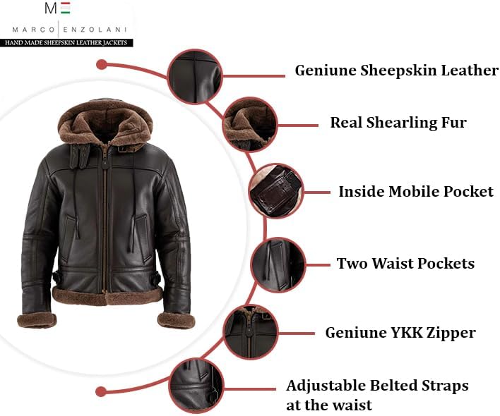 Men B3 Ginger Bomber Removable Hood Real Shearling Sheepskin Leather Aviator Flight Jacket - Image 2