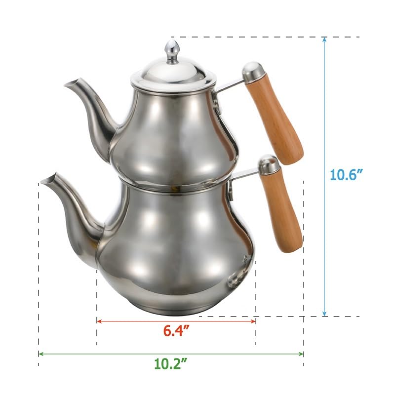 Stainless Steel Samovar, Turkish Tea Maker Double Capacity Kettle With Wooden Handles, Stainless Steel Teapot 750ml 25oz, 1500ml 50oz (Stainless Steel)