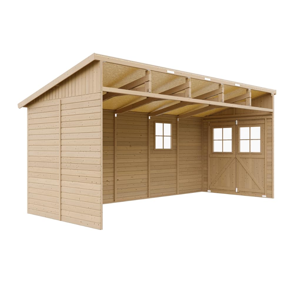 TIMBELA M341 Abri de Jardin en Bois Naturel (sans paroi latérale)- Stockage extérieur avec fenêtres- H244x216x513 cm/10 m2, Hangar en Bois Naturel - Atelier Rangement Outils et vélos