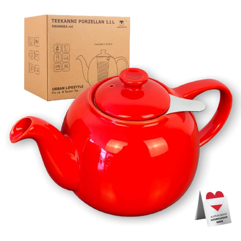 Urban Lifestyle – Tetera de porcelana 1,1 L con infusor y filtro · Tetera infusiones cerámica roja antigoteo · Tea Pot elegante estilo Swansea