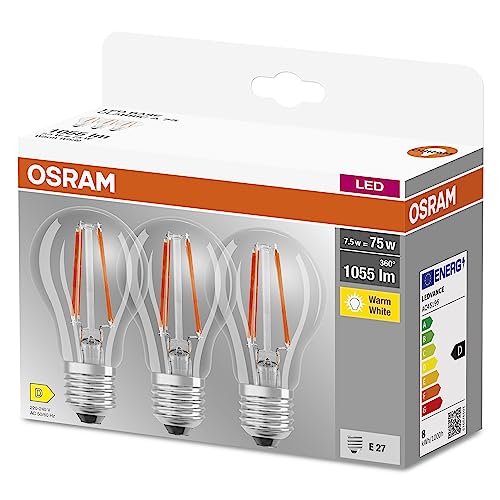 OSRAM LED Classic A75, lámparas LED de filamento transparente de vidrio para E27, forma de bombilla, blanco cálido (2700K), 1055 lúmenes, sustituye a las bombillas convencionales de 75W, caja de 3