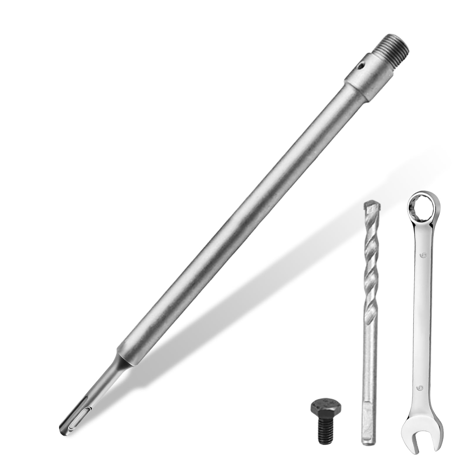 SDS PLUS przedłużacz trzpienia do koron, 410 mm SDS Plus przedłużacz do wierteł rdzeniowych, drążek przedłużający do wiertła z gwintem M22 x 2,0 mm, wiertło centrujące i śruba mocująca