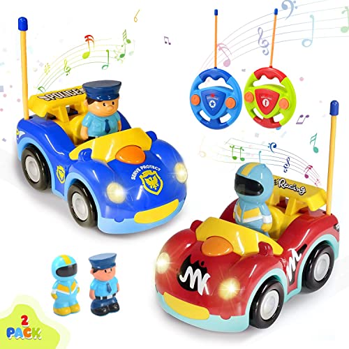 Haktoys Remote Control Cartoon Police Car and Race Car RC Radio Control Toys for Toddlers and Kids, Pack of 2 Cars in Different Frequencies so That Two Players Can Play Together