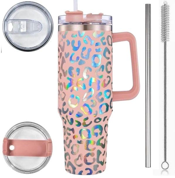 40 Oz Leopard Tumbler with Handle and Straw Lid, Insulated Tumbler Leak Proof Lid, Large Iced Coffee Cup Travel Mug Keep Heat Cold and Ice Drinks, Quencher Tumbler Reusable Vacuum (Orange Leopard)