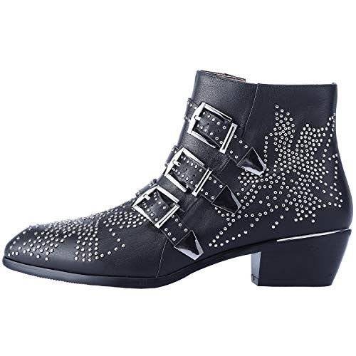 Comfity Boots for women, Women's Leather Booties Rivets Studded Shoes Metal Buckle Low Heels Ankle Boots Black Silver 8.5 US