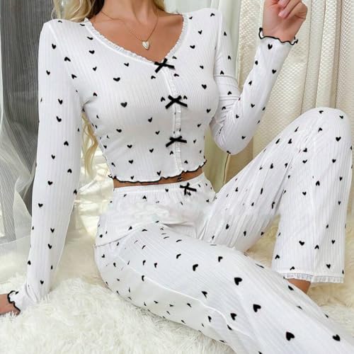 Image of Women 2 Piece Lounge Set Y2k Long Sleeve Square Neck Floral Tops+elastic Waist Long Pants Sleepwear Sets