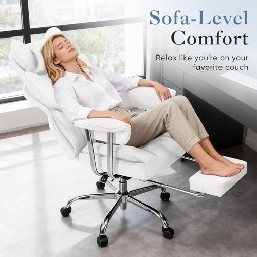 Image of DUMOS Big and Tall Office Chair 400 LBS, Scratch-Resistant PU Leather Executive Office Desk Chair with Footrest, Ergonomic Reclining Computer Chairs with Pocket Spring Support, White