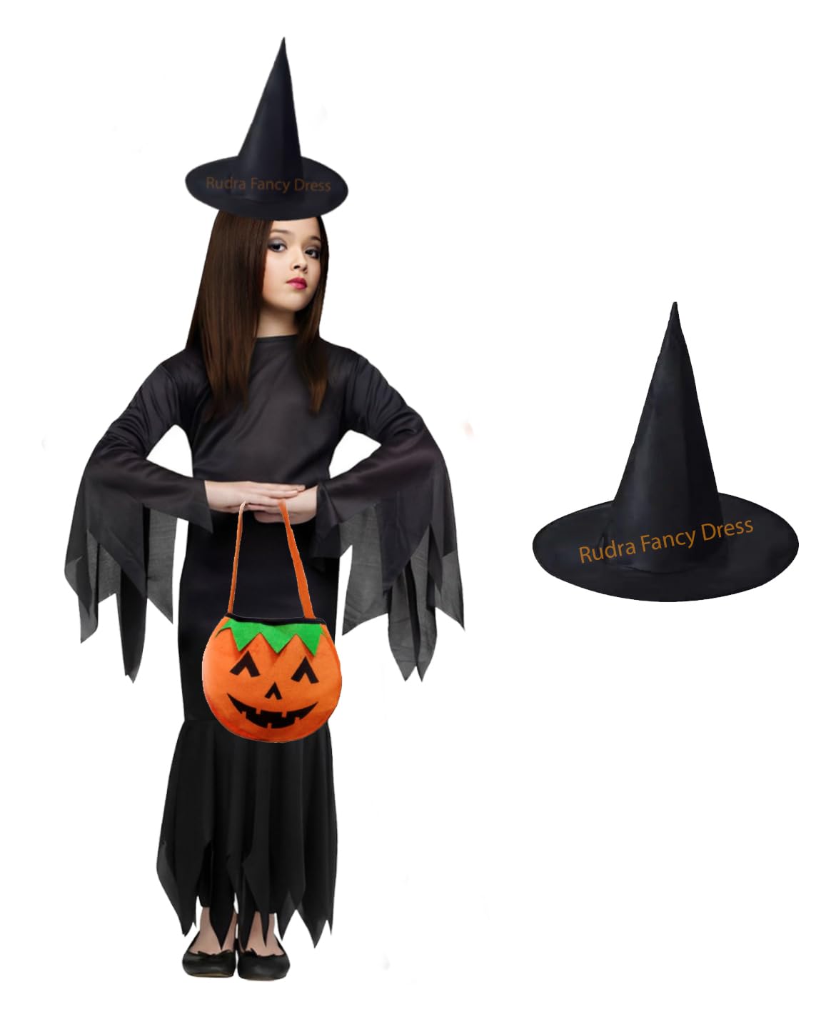 Rudra Fancy Dress Halloween costumes for kids | Halloween dress for girls (9-10 Years, J - Long Witch with Hat & Pumpkin Bag) (B0CKXS1HLM) Amazon Price History, Amazon Price Tracker