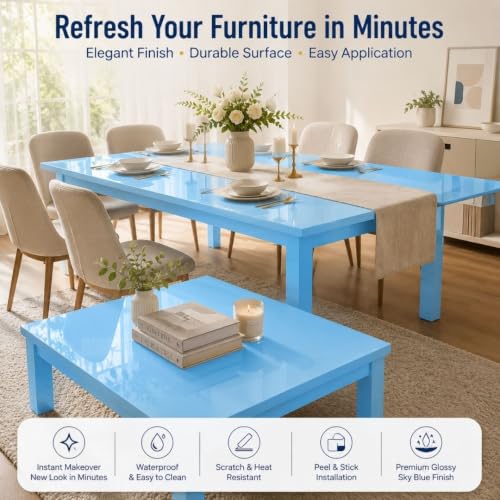 Image of HOME13 Sky Blue Glossy Wallpaper Peel & Stick Wallpaper Self Adhesive Removable Vinyl Wallpaper for Kitchen Cabinet Furniture Waterproof Countertop (12x60 Inch)