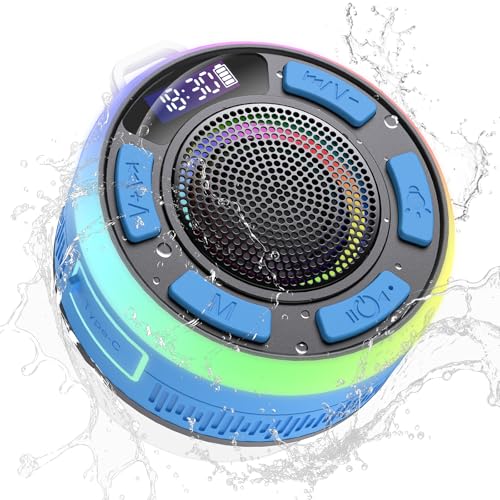Bluetooth Lautsprecher, Musikbox Bluetooth 5.3 mit Stereo Sound, Saugnapf, Upgraded IP7 Wasserdichter Duschlautsprecher mit LED Licht, Freisprechfunktion, Mikrofon für Badezimmer, Party, USB-C, Blau
