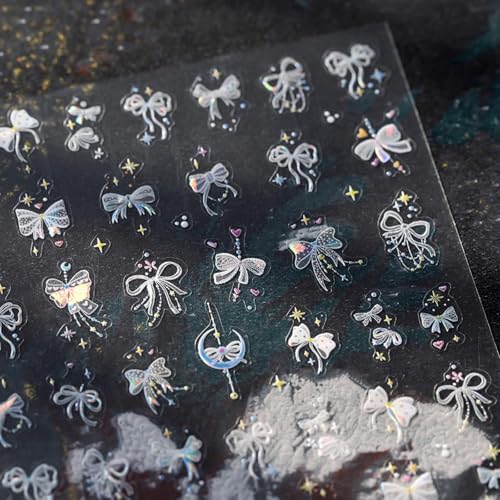 Image of Bow Nail Sticker Decals Star Nail Art Stickers White Silk Bow Knot Nail Art Decals with Design 5D Embossed Self Adhesive Nails Charms for Women Girls Manicure DIY Decoration Supply