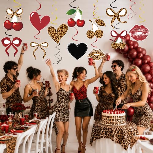 Image of 54PCS Cheetah Cherry Print Party Hanging Swirls Cheetah Cherry Birthday Decorations Leopard Print Party Foil Swirls Ceiling Decorations for Women Girl Bachelorette Parties Sulpplies Galentines Day