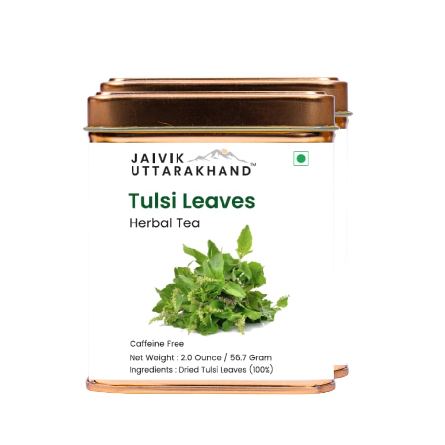 Image of Jaivik Uttarakhand - Dried Tulsi Leaves Holy Basil for Herbal Tea Wellness, Unique Blend Crafted Loose Leaf for Chai Lovers Across India, Pack of 2 Tin Box (113.4 g)