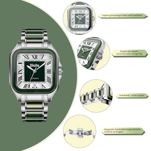 Diella Watches for Men, Mens Watches Waterproof Date Luminous, Dial is Inlaid with Emerald Jade, Crown with Sapphire Automatic Watches for Men Highend Luxurious Gift3