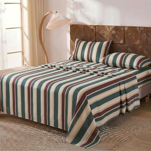 Image of Merryword Green Cabana Striped Sheet Set King Size - 100% Cotton Striped Bedding 4 Pieces, Soft Breathable Percale Weave, 17.5 inch Deep Pocket, Luxury Linen Like, All Season Comfort