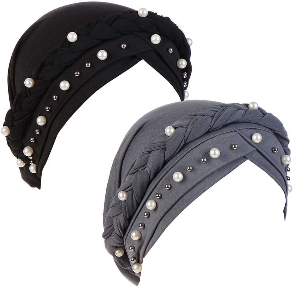 SYOSIWomen's Bandana Beaded Braided Bandana Hat Head Scarf Cancer Bandana for Women Cancer Chemotherapy Beanie Hat Headwear 2Pcs