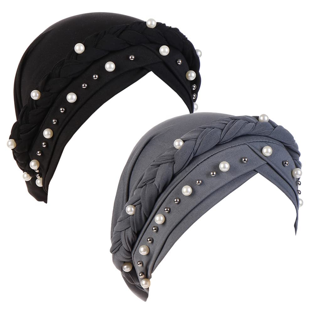 SYOSIWomen's Bandana Beaded Braided Bandana Hat Head Scarf Cancer Bandana for Women Cancer Chemotherapy Beanie Hat Headwear 2Pcs