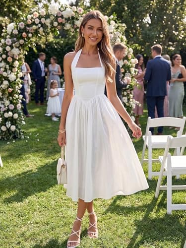 Image of Parthea Women's Floral Halter Corset Midi Dress 2026 Elegant Smocked Flowy Wedding Guest Dresses with Pockets