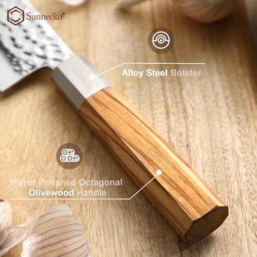 Sunnecko Japanese Santoku Knife for Kitchen - 7 Inch Professional Kitchen Knives with High Carbon Steel 440C Blade, Sharp Knife Octagon Olivewood Handle Asian Knives for Meat Cutting - Image 5
