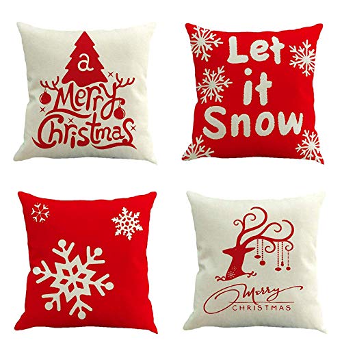 tronisky Lot de 4 housses de coussin décoratives en coton et lin Motif sapin de Noël 45 x 45 cm