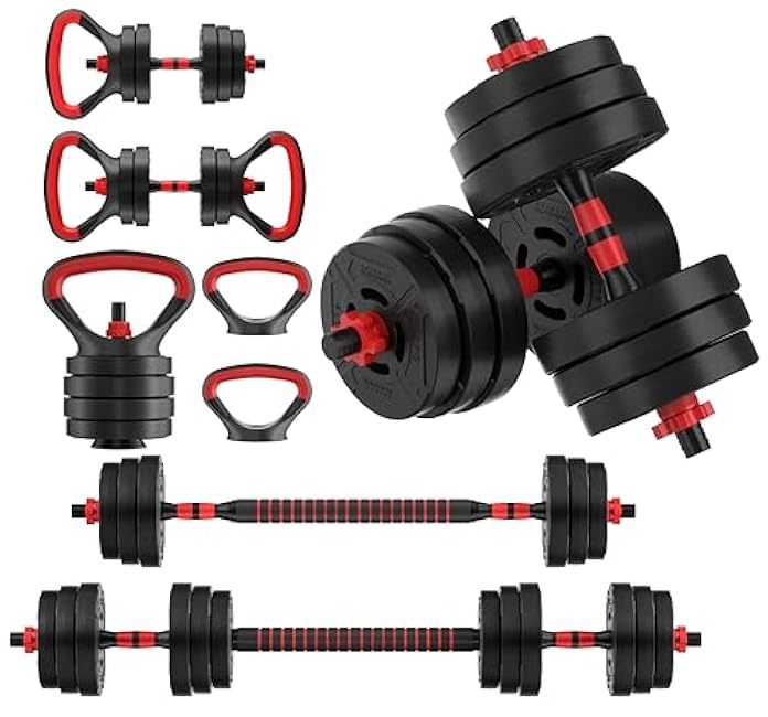 OLIXIS Adjustable Dumbbell Set, 4 IN 1 Changeable Dumbbells, Barbell, Kettlebells and Push Up Stand, Multi-Functional Exercise and Fitness for Home Gym,Black and Red