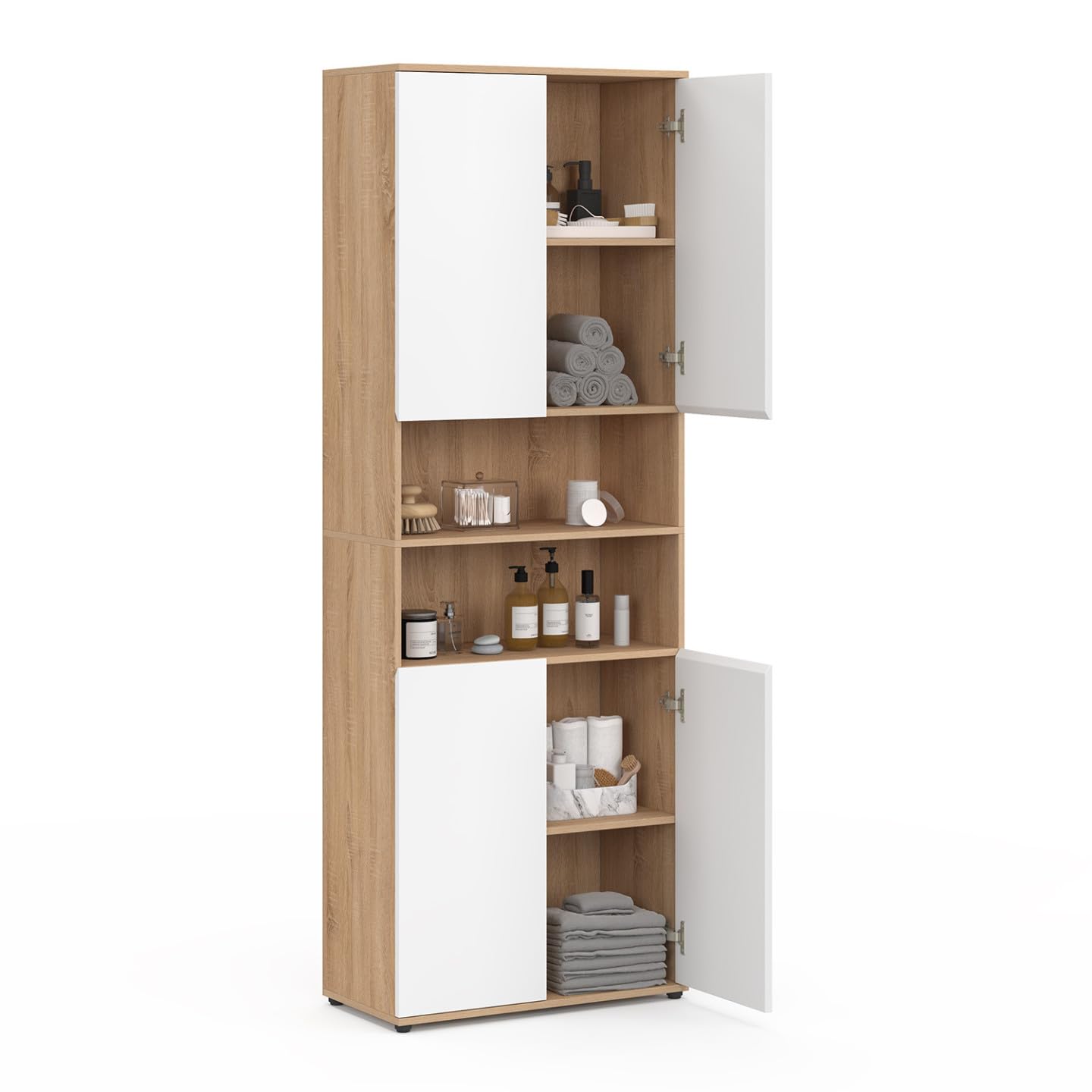 IDMarket - Mueble de baño TOMI con 4 puertas y 2 nichos en madera de haya blanca