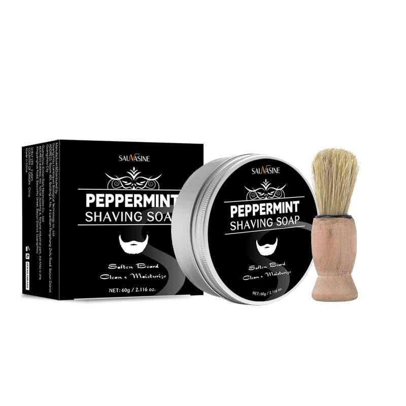 Peppermint Shaving Soap and Brush Set for Man, Portable Refreshing Beard Shaving Soap, Ideal for Wet Shaving, Natural Ingredients, Plus a Brush