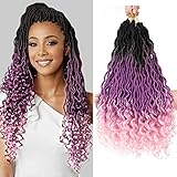 Ombre Wavy Faux Locs Corchet Hair with Curly Ends 5Packs/Lot (90grams/Pack) 20inch Pre Looped Goddess Locs Crochet Hair Synthetic Braiding Hair Extensions(1B/Purple/Pink)