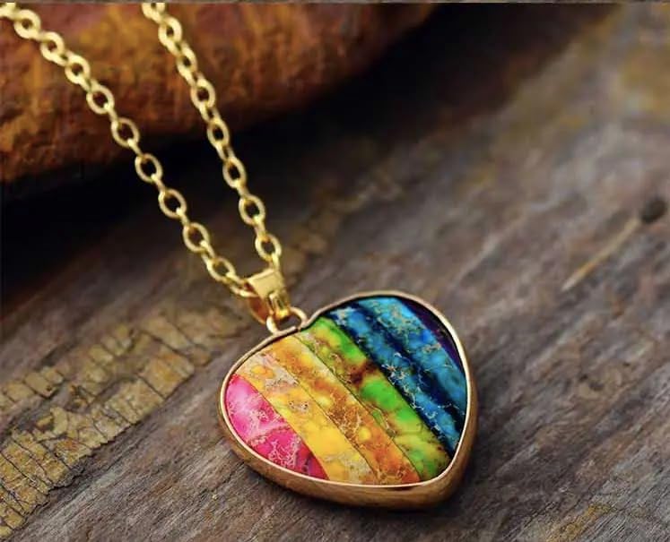 Gold Tone Metal Natural Stone Rainbow Heart Gay Pride Gift for LGBTQ Men Women on 20" inch Pendant Necklace - Image 5