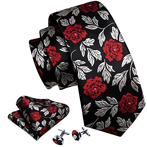 Image of Barry.Wang Flower Ties for Men Handkerchief Cufflinks Set Wedding Necktie Set Party