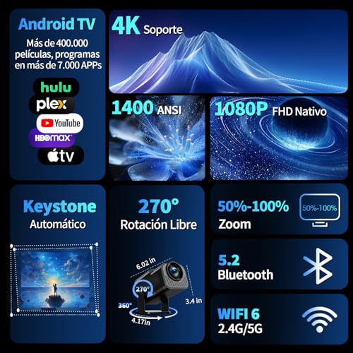 Mini proyector 4K con WiFi 6 y giro de 270 grados en color negro 2
