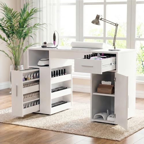 Nail Desk with Dust Collector&Wrist Rest Portable Mobile Nail Tech Table for Professional Beauty Nail Salon Glass Tabletop Manicure Table Nail Workstation Art Desk with Drawer Storage Cabinet