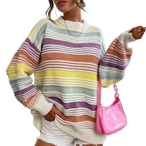 Talakeno Womens Contrast Striped Sweater Rainbow...